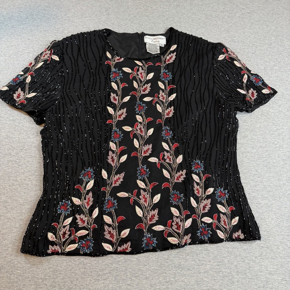VTG Papell Boutique Evening Silk Beaded Blouse L Black Floral Sequin Top 90s Y2K